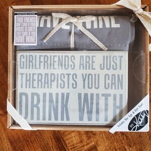 Girlfriends And Wine Box Sign and Towel Set NIB